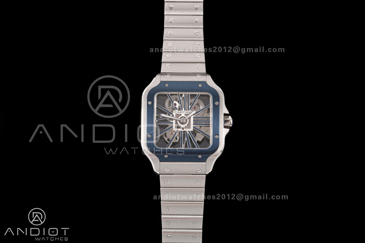 Santos Skeleton SS RICH 1:1 Best Edition Skeleton Dial Blue Bezel on SS SmartLink Bracelet 9611MC Super Clone V2
